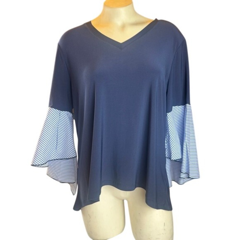 Vecceli Italy Navy Bell Sleeve Blouse Women's One Size Blue Stripe Ruffle Sleeve